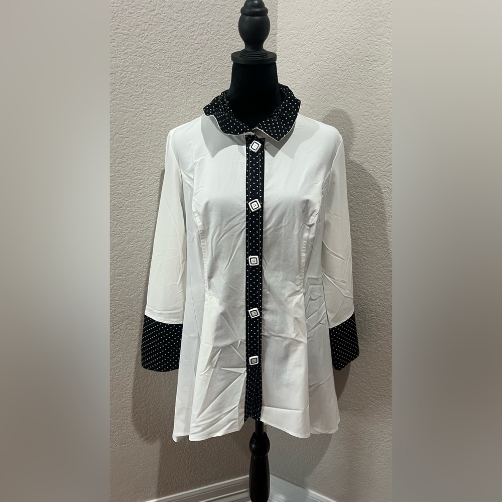 Joseph Ribkoff White Blouse Size 8 Button Up Polka Dot Wire Collar Long Sleeve